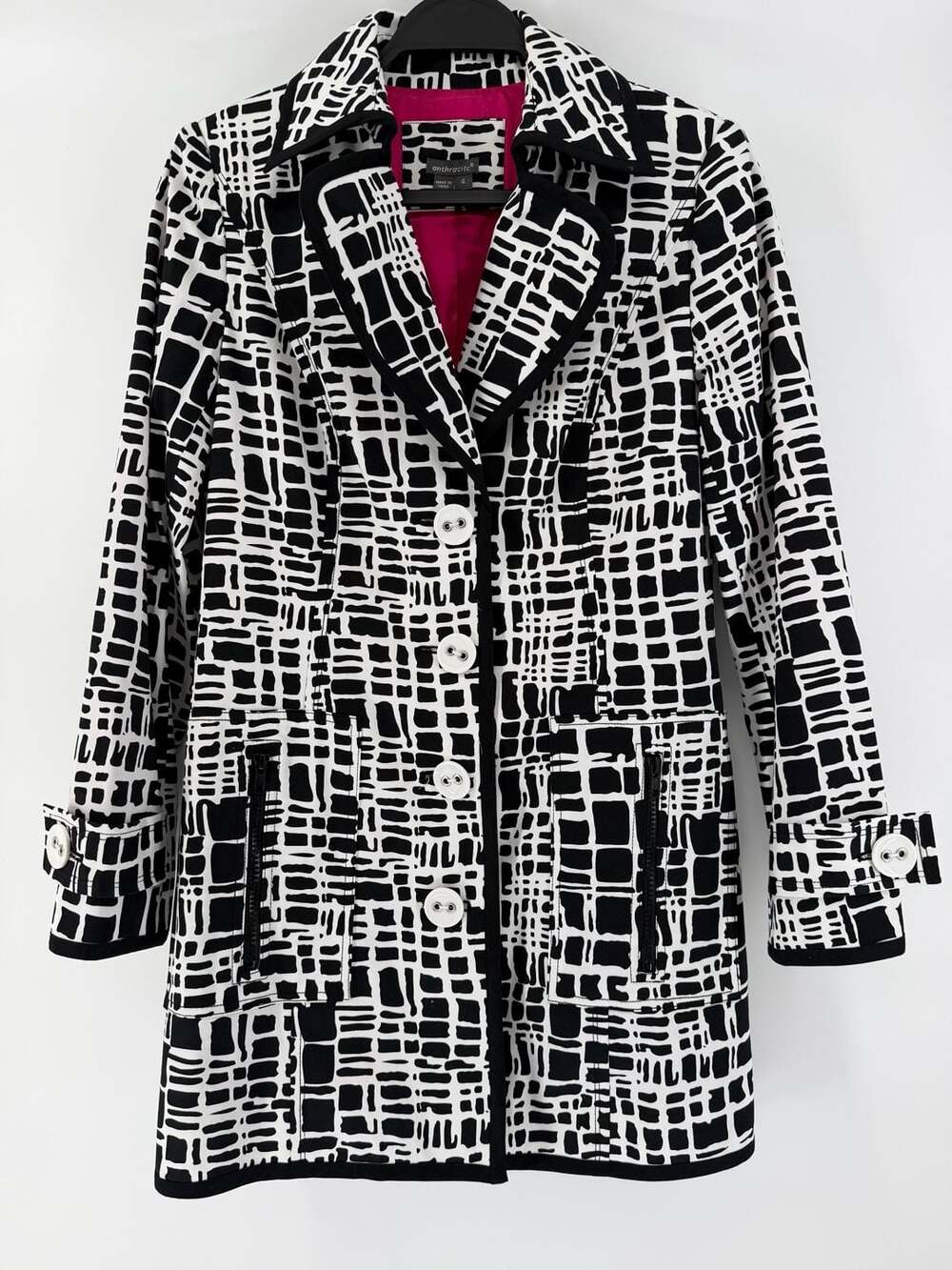 Anthracite Black White Graphic Cotton Trench Coat Size 4 Hot Pink